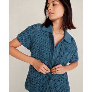 Haven Well Within Organic Cotton Knot Stitch Collared Sweater Cardigan Blue XL